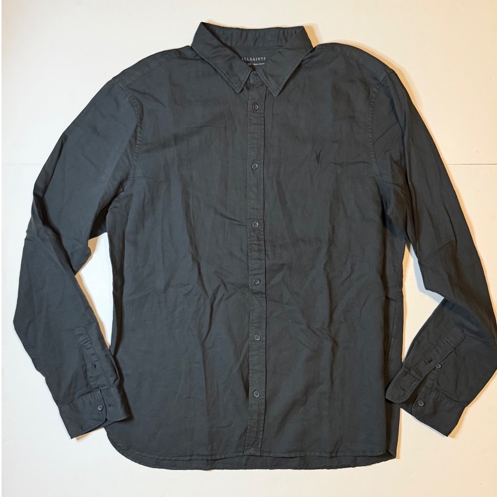 AllSaints Button Down Shirt Mens XL Black Cotton Linen Long Sleeve